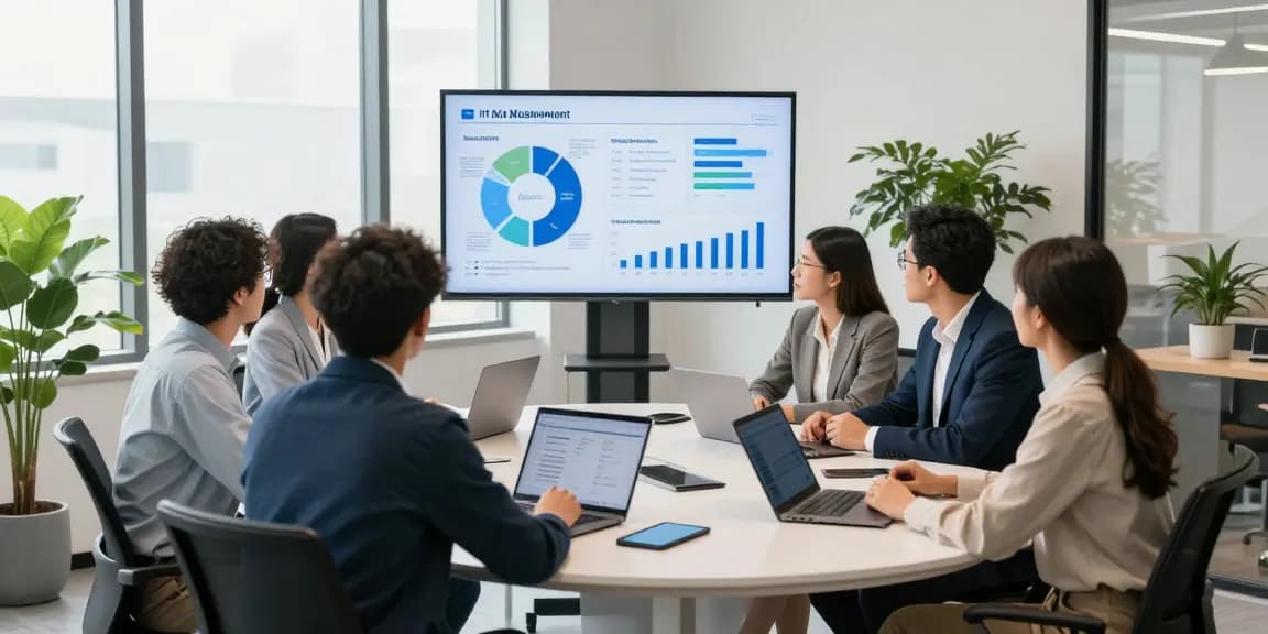 Team discussing it support services for small business in a modern office environment with technology.