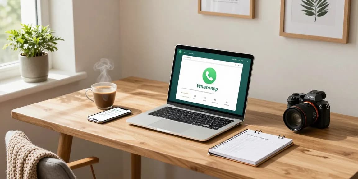 Home office user engaging with WhatsApp網頁版 on a laptop, cozy workspace.