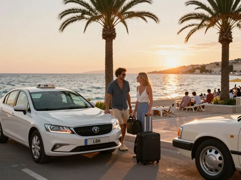 Taxi St Tropez aidant les voyageurs sur la plage avec des bagages pendant le coucher de soleil.