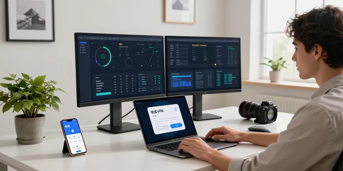快连 VPN user enjoying seamless connectivity in a modern home office setup.