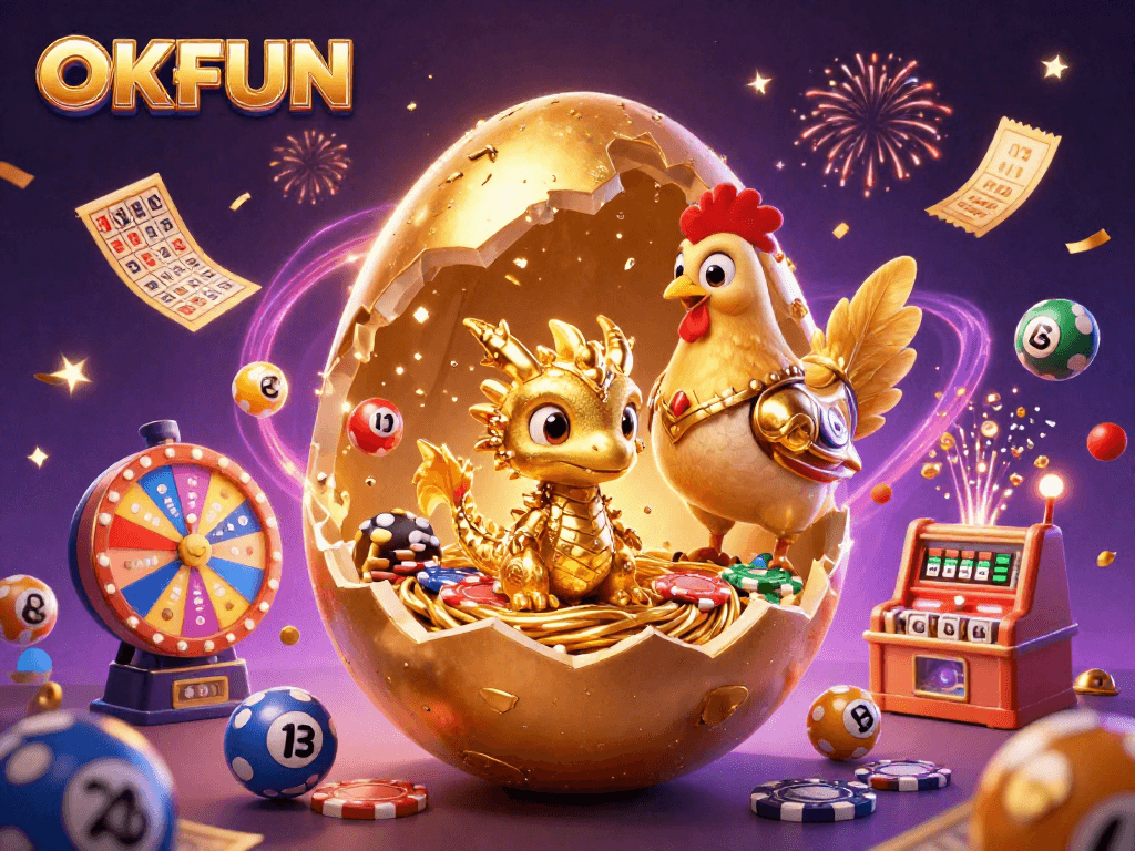 Experience the thrill of OKFUN with a dazzling dragon emerging from a golden egg, amidst a colorful gaming explosion.