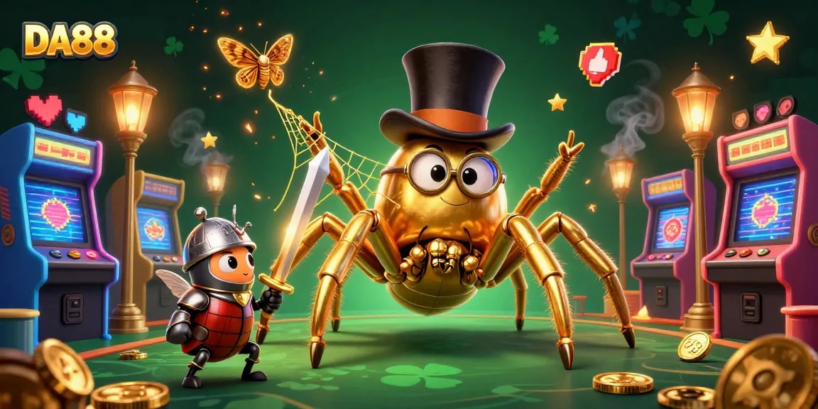 Experience the thrill of DA88 with an enchanted casino scene featuring a golden tarantula and gaming elements.