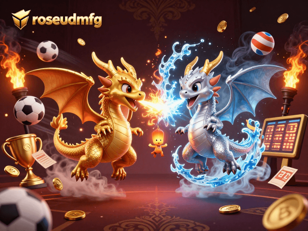 Rosebudmfg showcases dynamic 3D dragons amidst sports betting excitement in a lively casino scene.