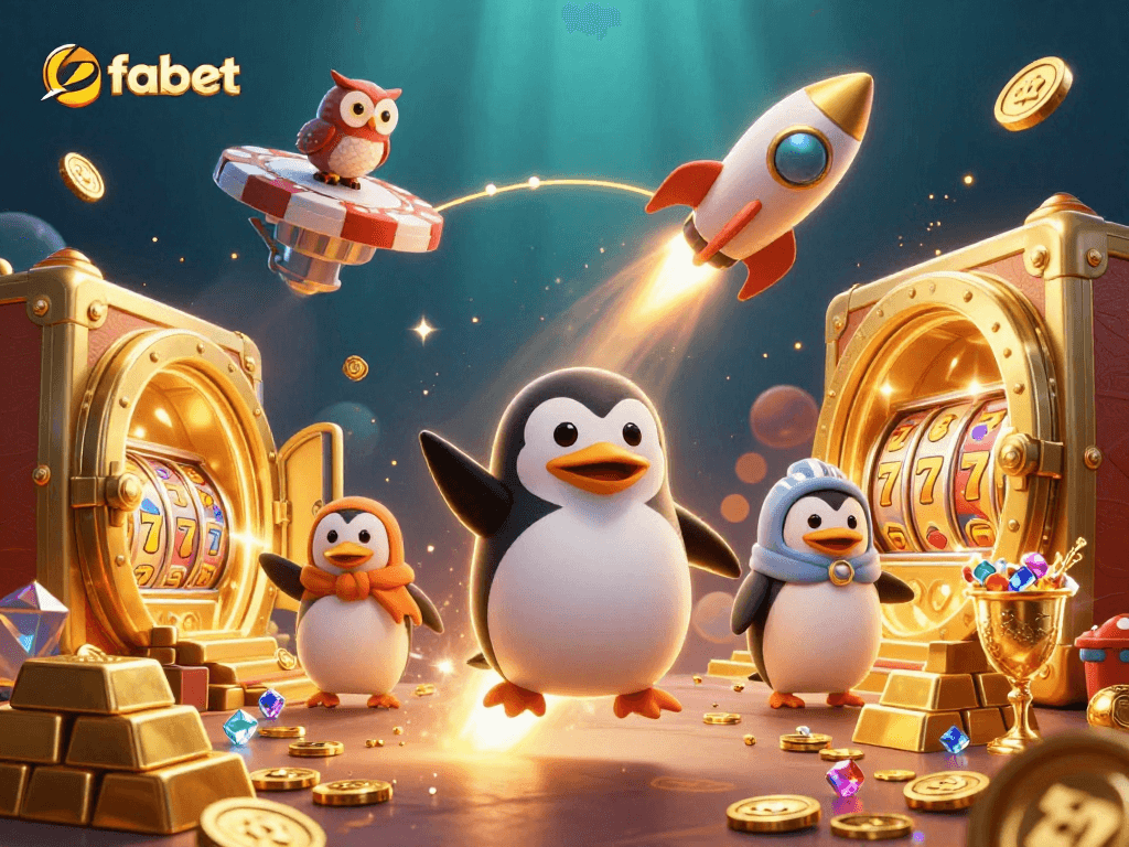 Experience fabet's thrilling gaming journey with golden treasures and a rocket penguin!
