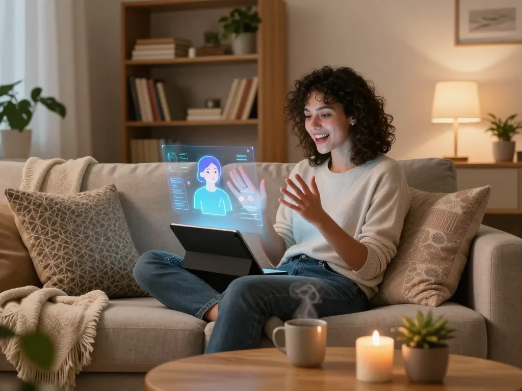 Engaging in free ai sex chat on a tablet in a cozy living room setting.