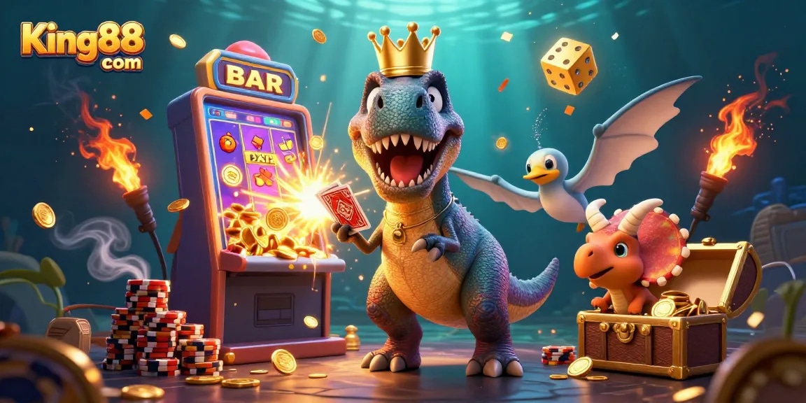 Engage with King88 com in a vibrant 3D casino scene featuring a T-Rex card player and thrilling jackpot elements.