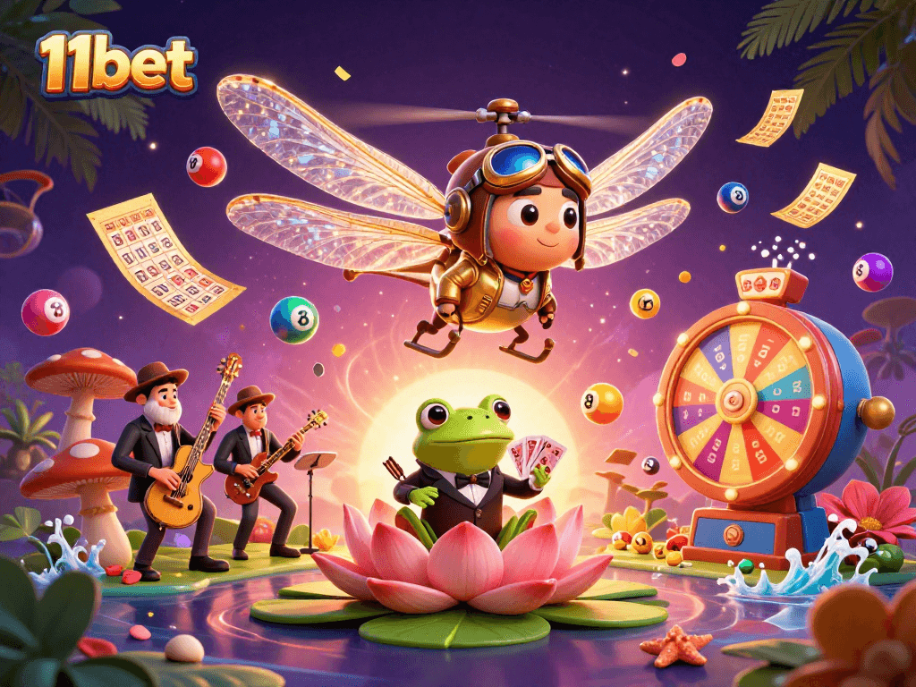 Engage with 11bet in a lively casino scene, featuring dynamic croupiers and vibrant lottery elements.