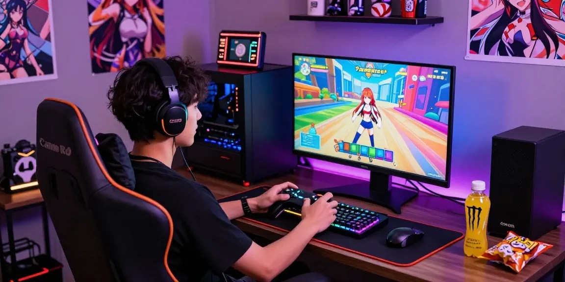Immersive scene of a player engaged in an ecchi simulator, enjoying vibrant anime graphics and gaming ambiance.
