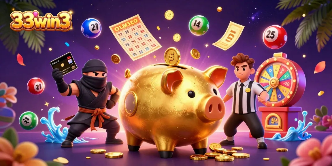 33win3 features an energetic scene with a golden piggy bank wrestler, ninja, and samurai in a vibrant casino setting.