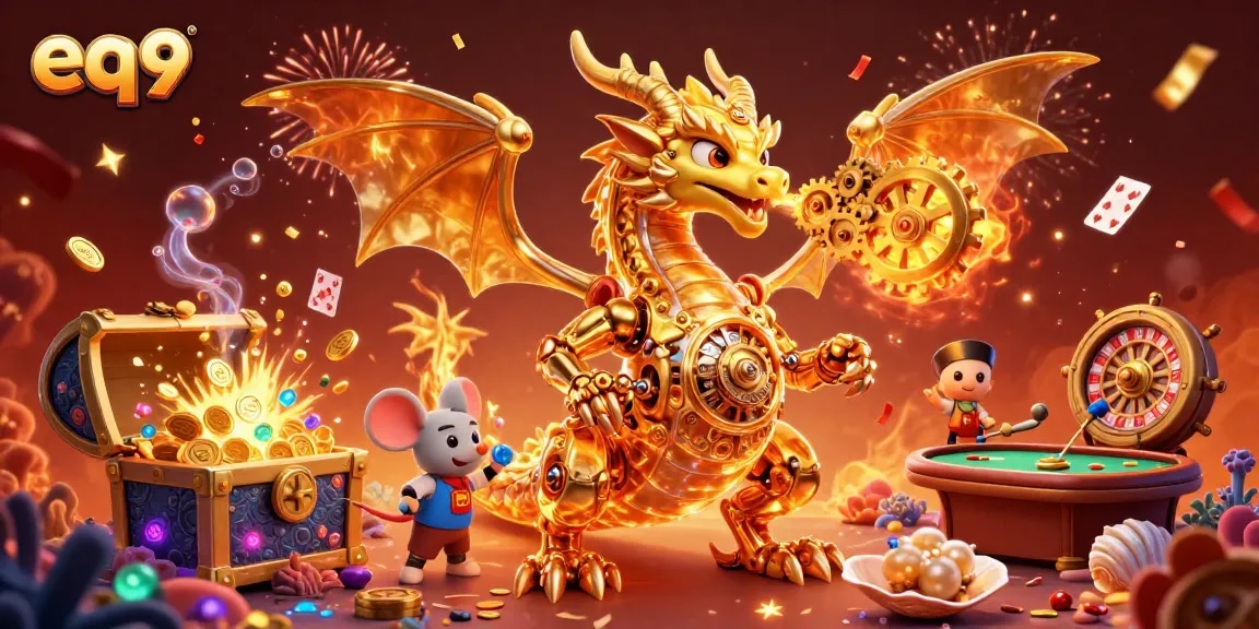 Experience thrilling gameplay with eq9’s golden dragon and vibrant casino elements in a dynamic 3D scene.