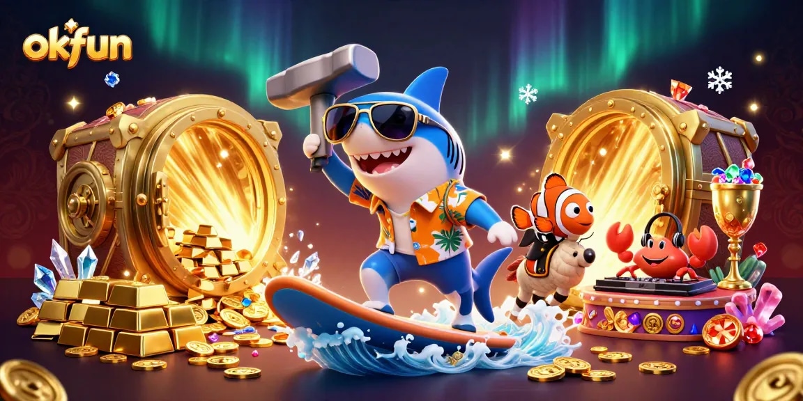 Join the excitement at okfun as a hammer-head shark, clownfish, and crab DJ celebrate with lavish casino treasures.