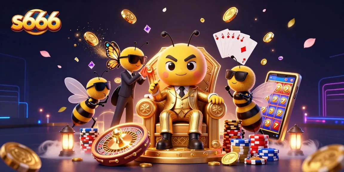 Experience the lively casino atmosphere with s666, featuring a cartoon bumblebee mob boss surrounded by vibrant game elements.