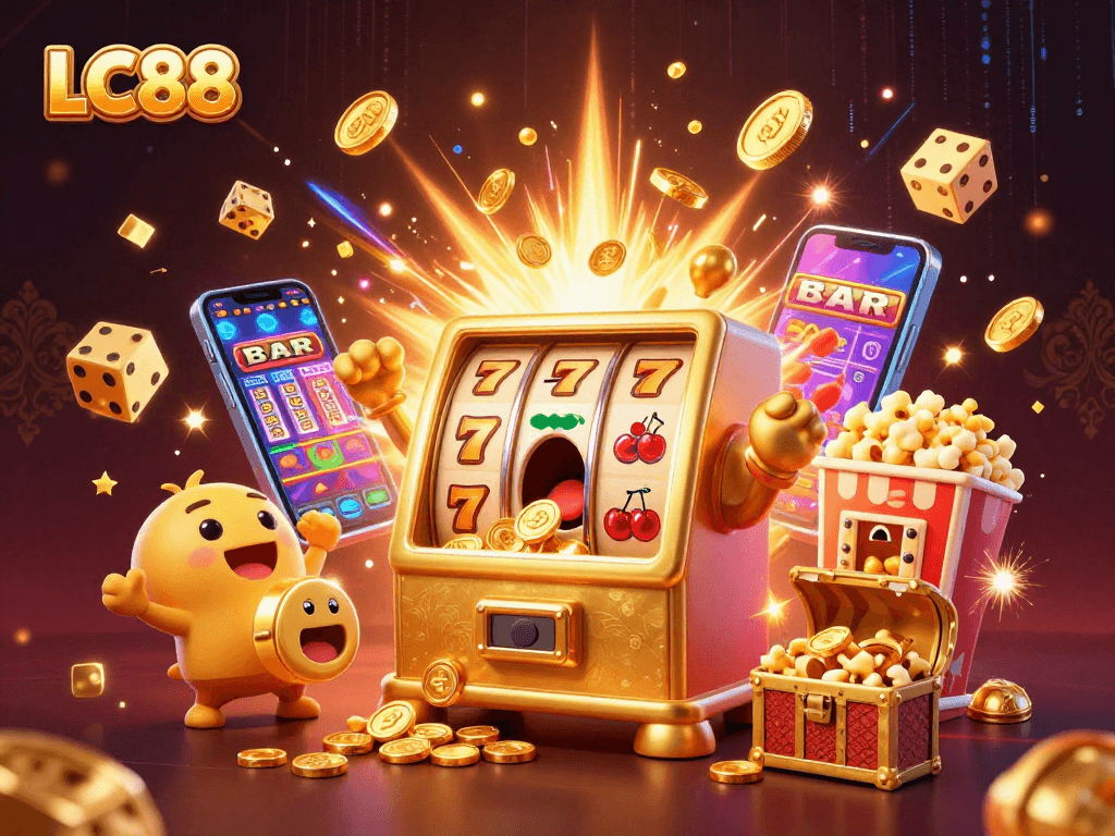 LC88 slot machine hits a jackpot showering coins with vibrant casino elements all around