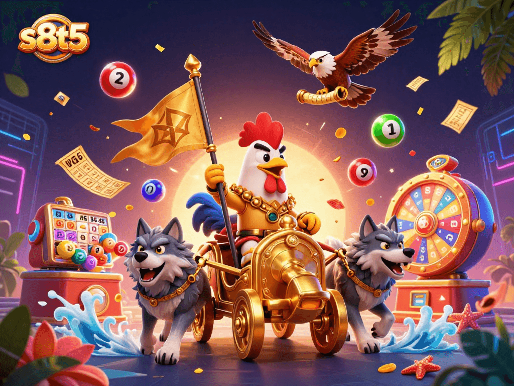Experience thrilling action at s8t5 with a dynamic scene featuring a rooster warlord in a casino-themed illustration.