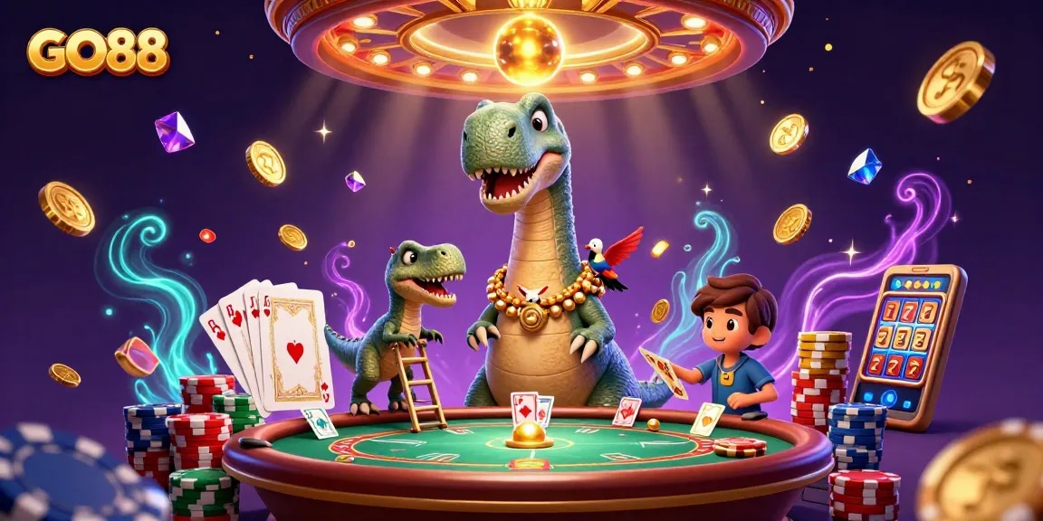 Win big with GO88 at a vibrant casino scene featuring fun characters and dynamic gaming elements.