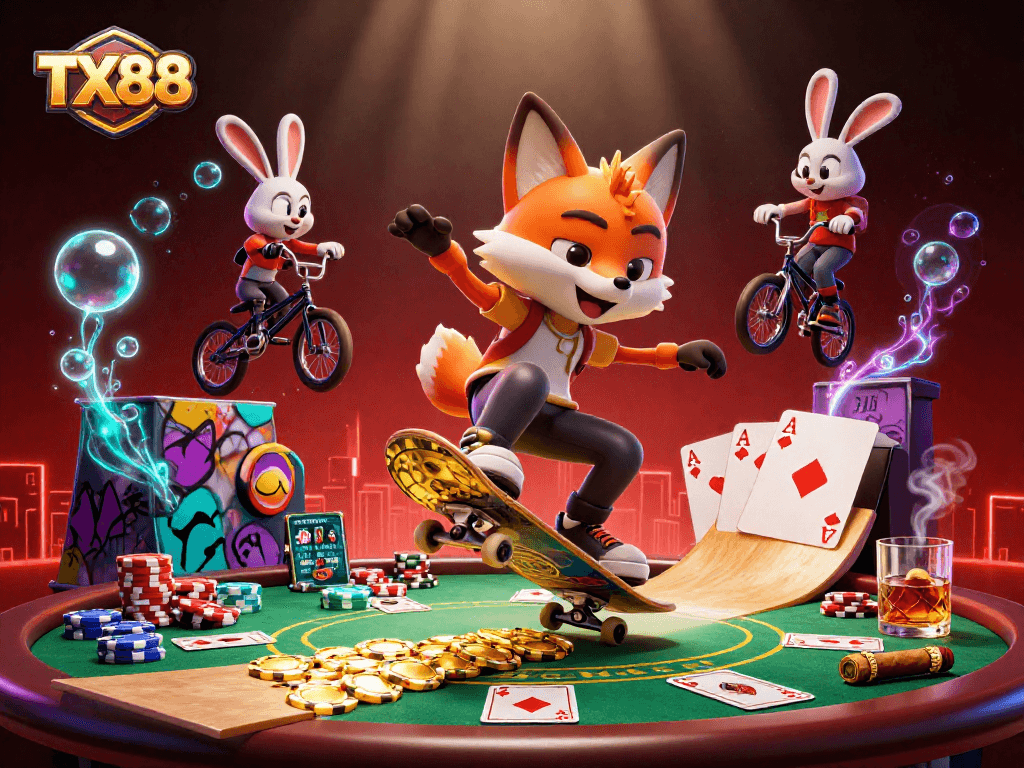 TX88 platform showcases a vibrant and dynamic casino scene with cartoon characters performing tricks.