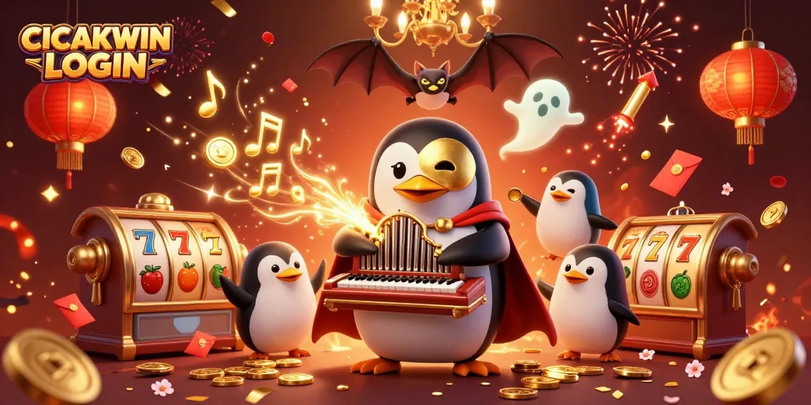 CICAKWIN LOGIN: Experience digital slots as a penguin character plays enchanting organ surrounded by vibrant casino elements.