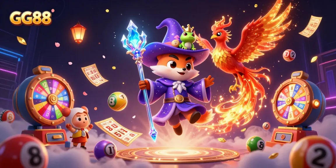 Witness thrilling moments at GG88 with a 3D wizard and phoenix amidst vibrant lottery elements, perfect for all gamers.