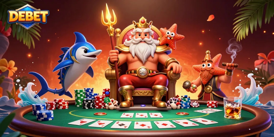 Engage with DEBET while winning on a richly detailed 3D poker scene featuring Neptune and game elements.