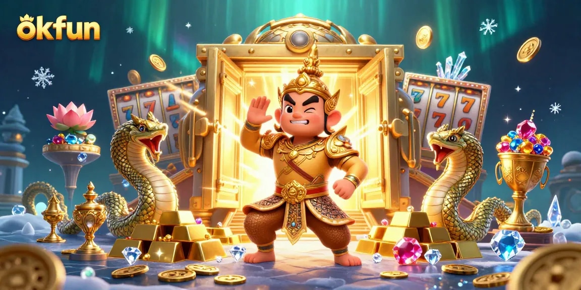 Discover exciting wins at okfun with vibrant slot games and captivating characters in this dynamic casino scene.