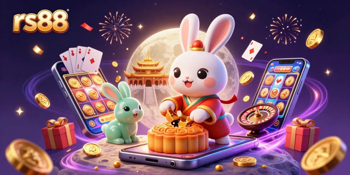 Experience the thrill of rs88 as the moon rabbit celebrates with poker chips and games in a festive casino scene.