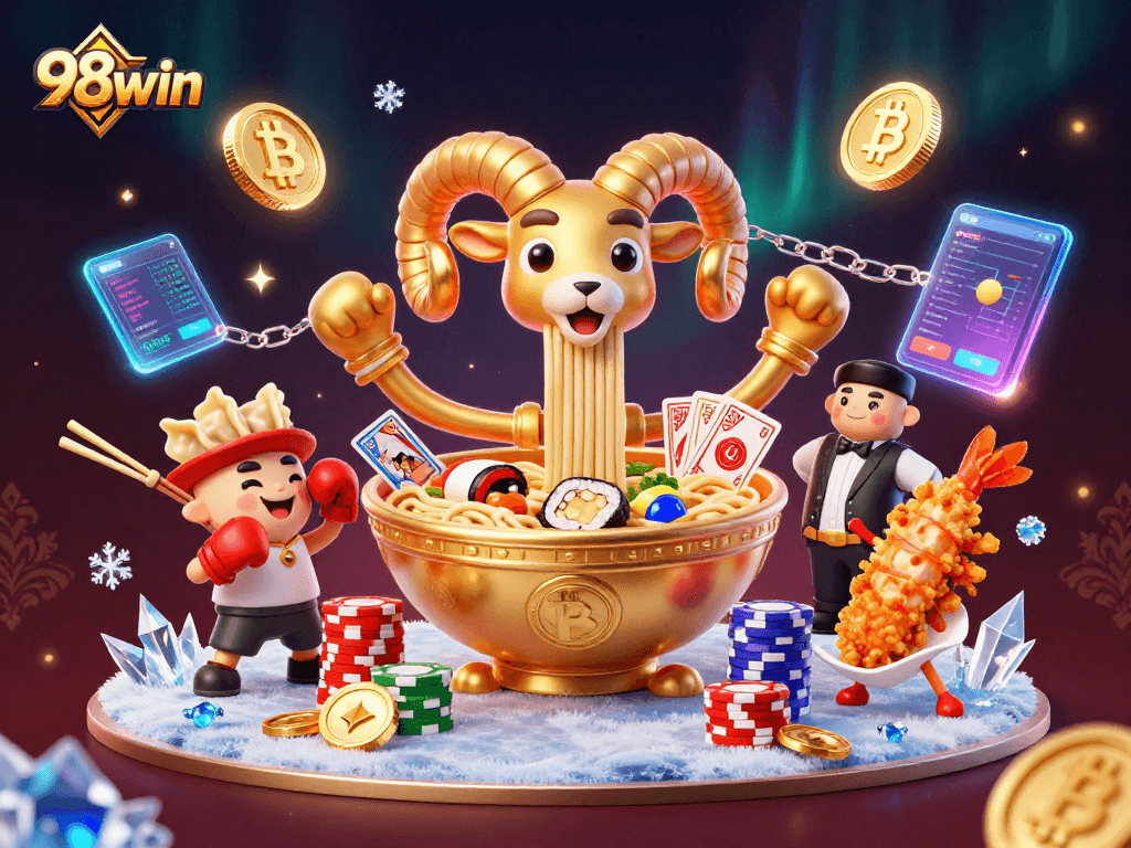 Experience thrilling gaming at 98win with a vibrant 3D illustration featuring unique casino elements and exciting characters.