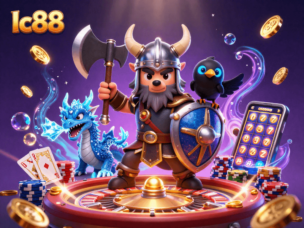 Experience thrilling gameplay at lc88 with Viking warrior and mystical creatures amidst casino excitement.
