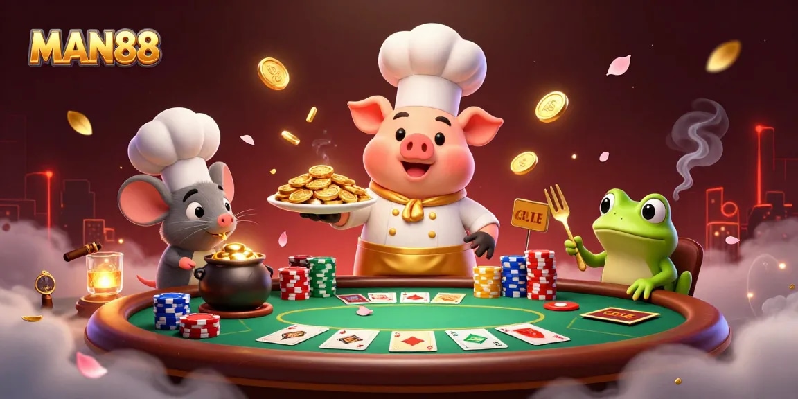 Experience intense gameplay at MAN88 with a vibrant casino scene featuring unique characters and rich visuals.
