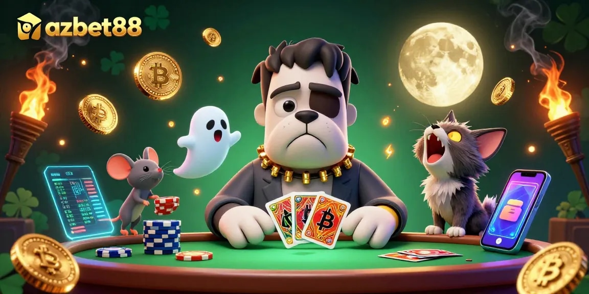 Play cards at azbet88 casino with a spooky 3D Frankenstein bulldog and ghost mouse