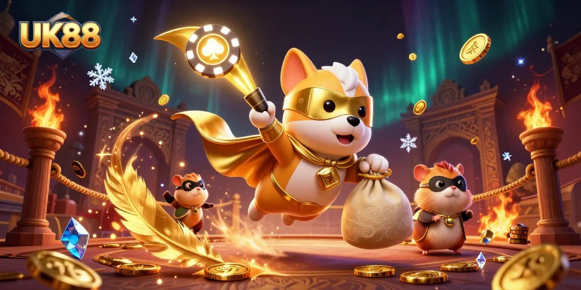 Experience exciting gameplay with UK88 in this vibrant scene of action-packed thrills and gold coins.