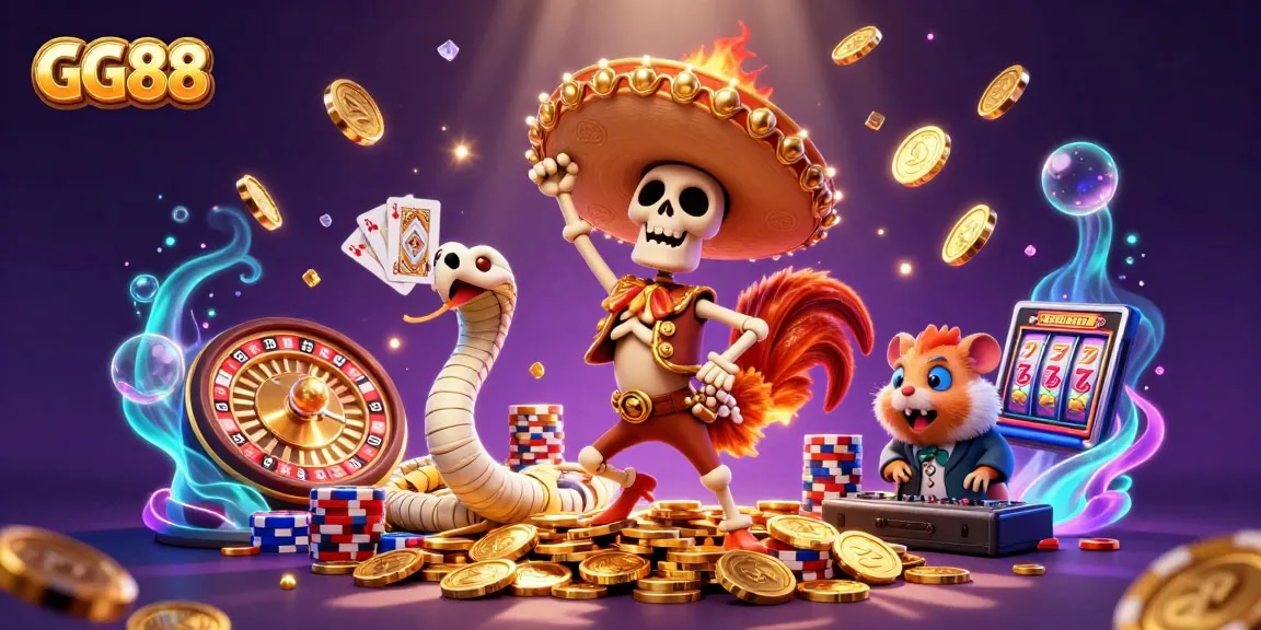 GG88 platform features a lively casino scene with characters celebrating winnings amidst gold coins and vibrant casino elements.