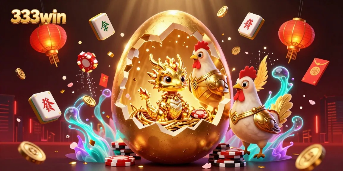 Win big with 333win in a vivid casino scene featuring a golden baby dragon and poker chips.