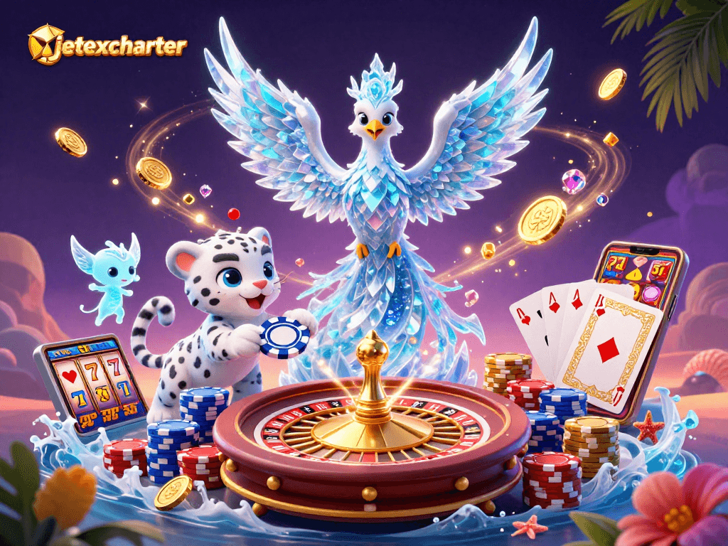 Experience thrilling gameplay with jetexcharter as the ice phoenix and snow leopard cub take center stage in a dynamic casino scene.