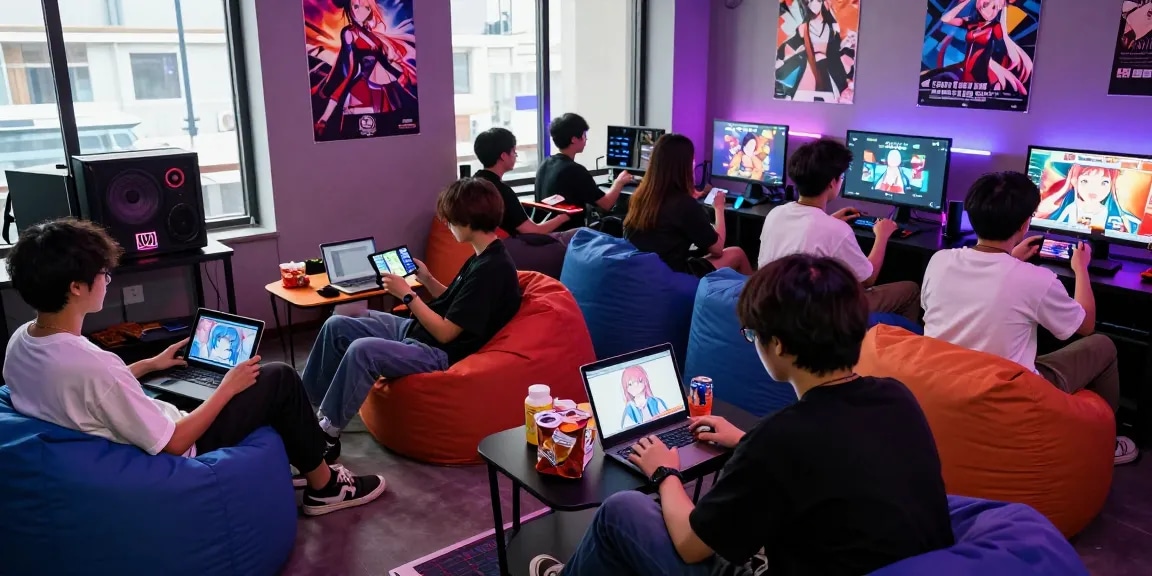 Group enjoying free hentai games in vibrant gaming lounge, showcasing modern devices and lively atmosphere