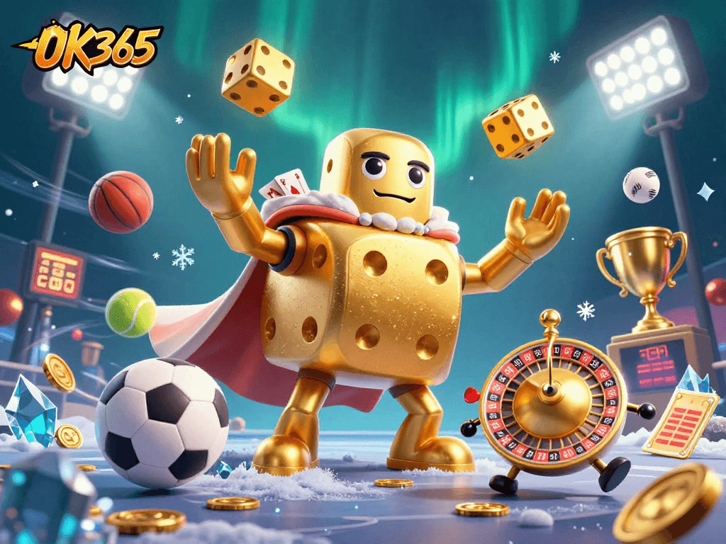 Engage with OK365 as golden dice and sports elements create a thrilling casino atmosphere.