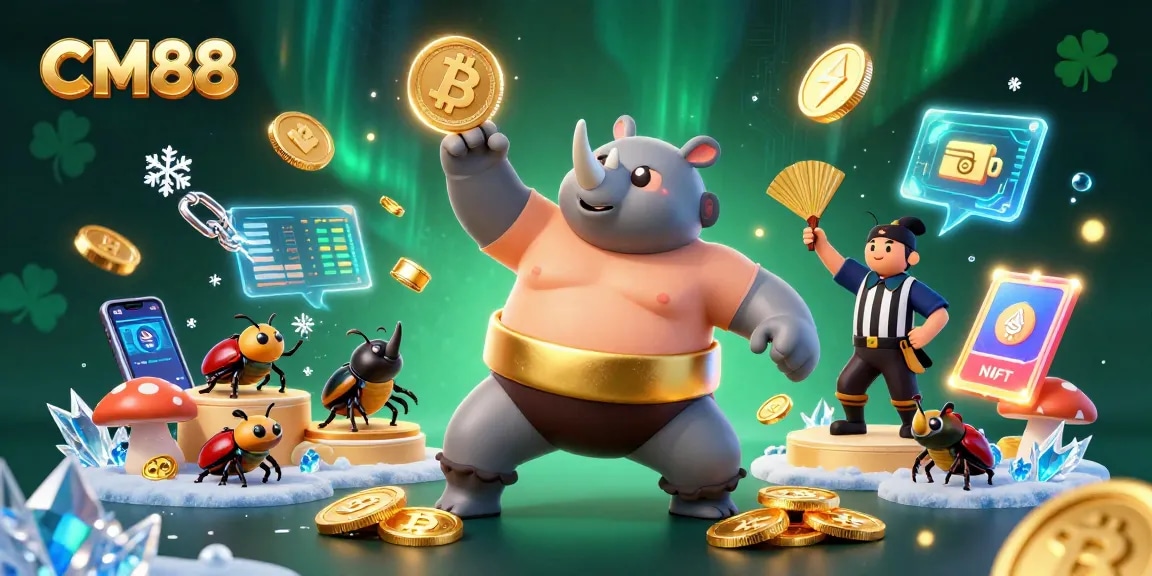 CM88 engages players with a vibrant scene featuring a sumo beetle champion and glimmering coins flying in an exhilarating casino atmosphere.