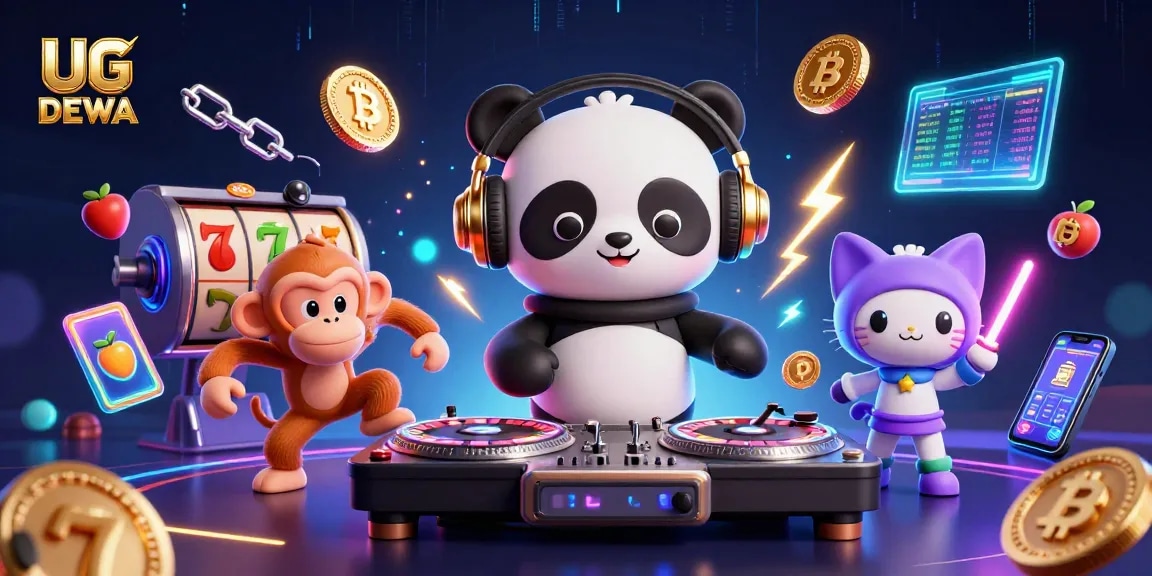 Engage with the thrilling world of UG DEWA slot games featuring a DJ panda and vibrant casino elements.