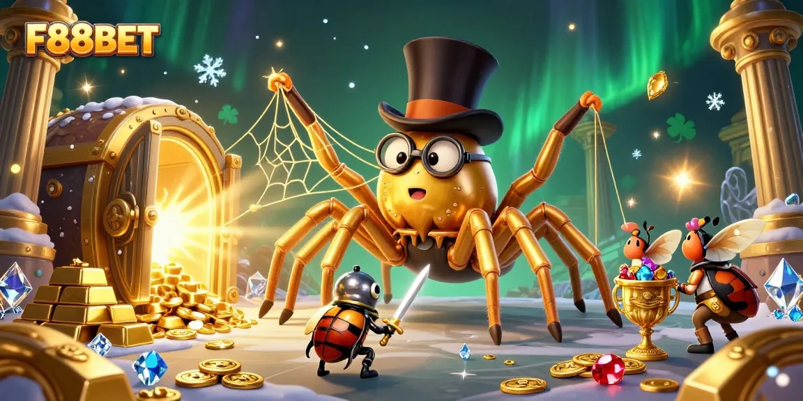 Experience thrilling gameplay at F88BET with a vibrant 3D illustration featuring a golden tarantula, knight, and treasure.