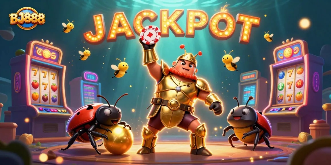 Experience the thrill at BJ888 with a triumphant beetle celebrating a big jackpot in a vibrant, playful casino scene.