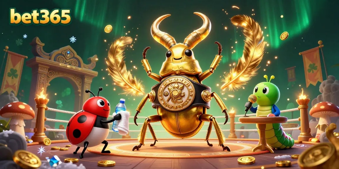 Bet365's dynamic gambling scene showcasing a giant stag beetle champion and gold tokens.