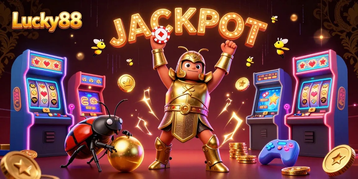 Lucky88 beetle lifting a poker chip in a dynamic jackpot scene packed with vibrant casino elements.