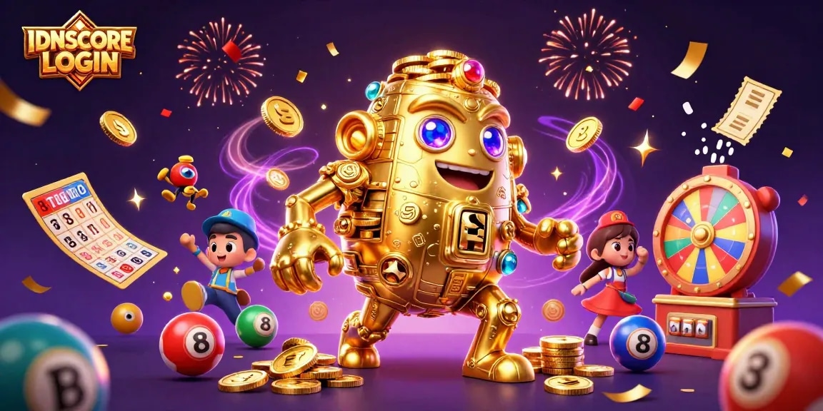 Experience the thrill of IDNSCORE LOGIN with a vibrant, interactive gaming scene of slots and prizes.