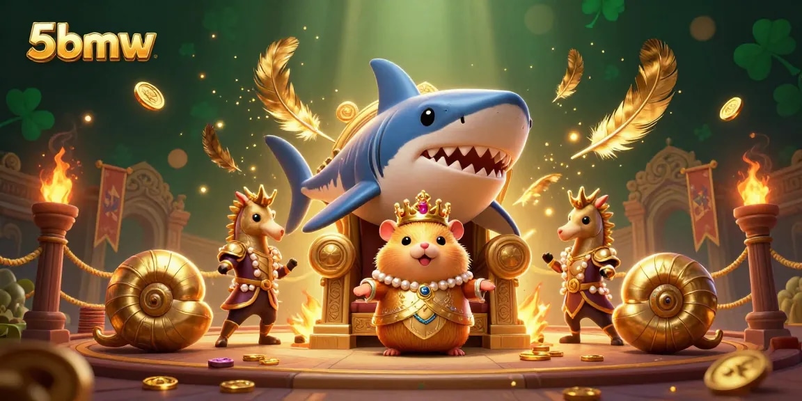 Engage with the 5bmw casino experience featuring a fierce hamster king, guards, and vibrant gambling elements.