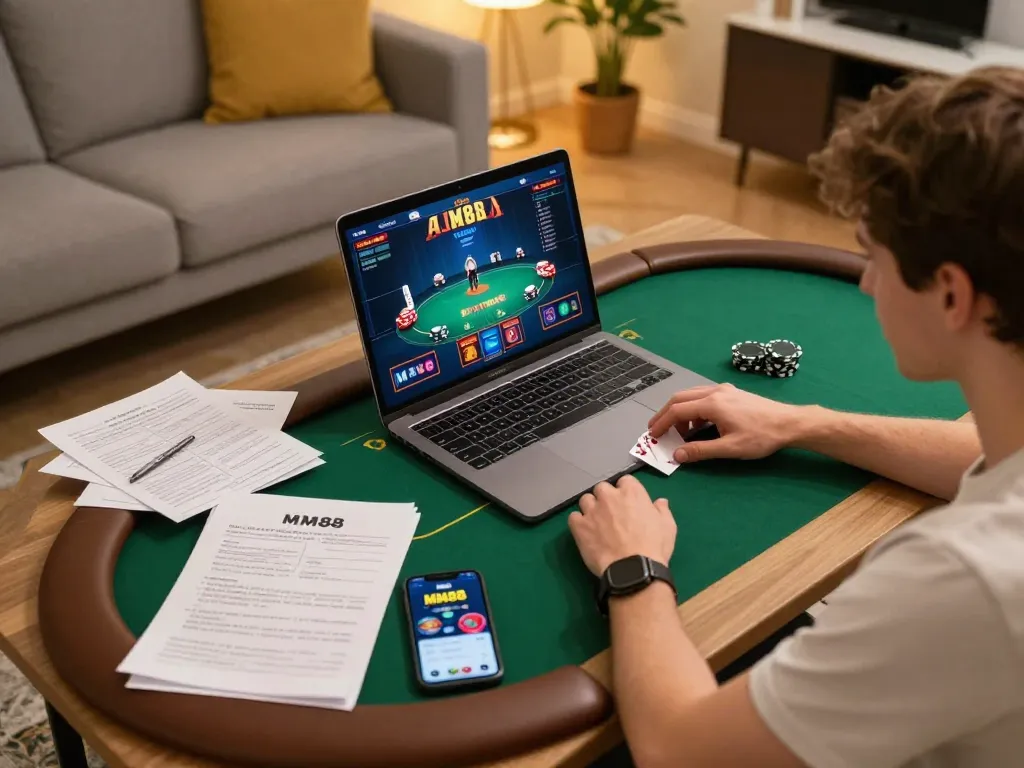 Engaging in poker gameplay with MM88 on a laptop, displaying strategy notes in a cozy setting