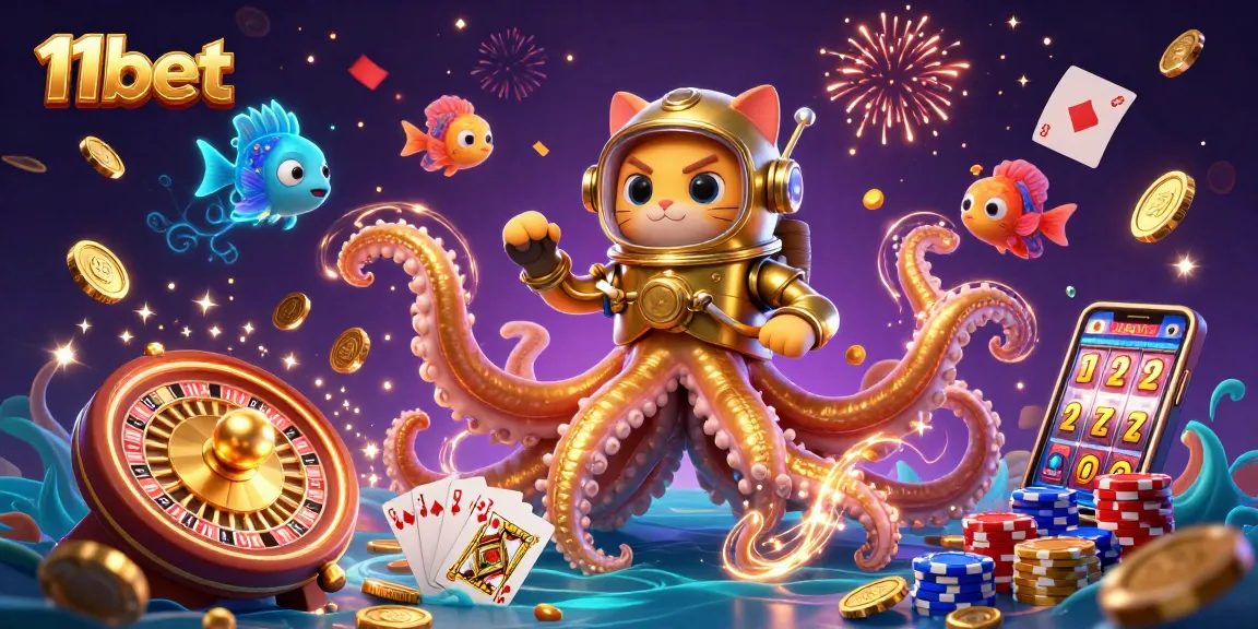 11bet features a vibrant kraken and diving cat in a dazzling casino scene full of action.