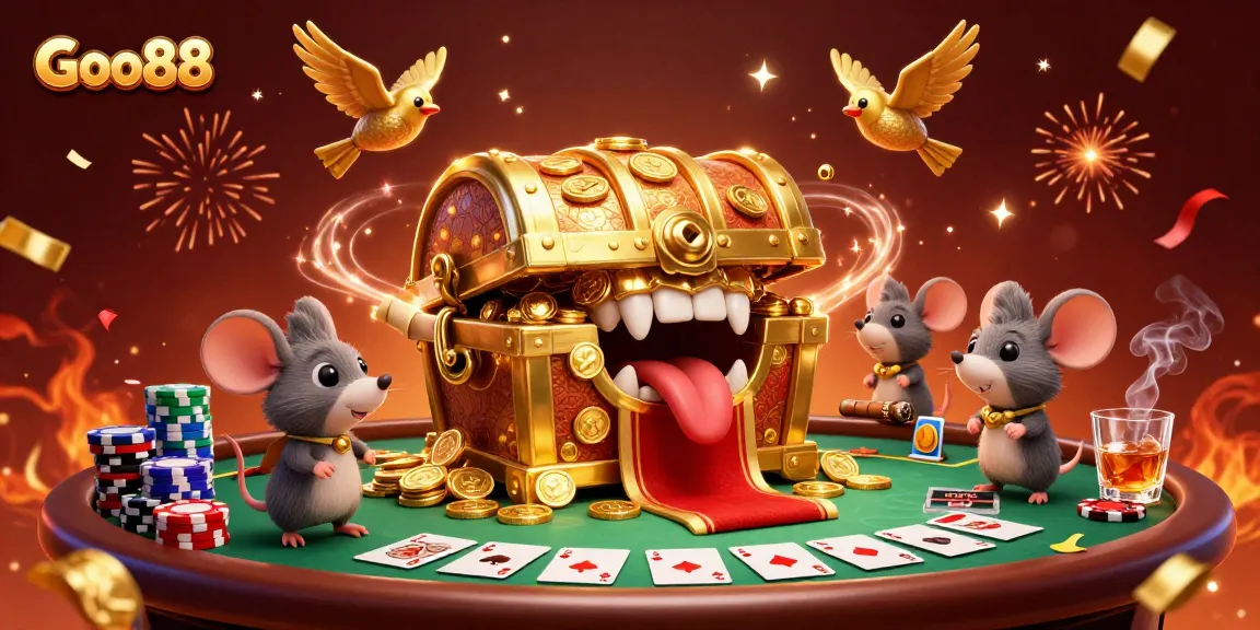 Experience the excitement of Goo88 with a vibrant casino scene filled with golden treasure and poker elements.