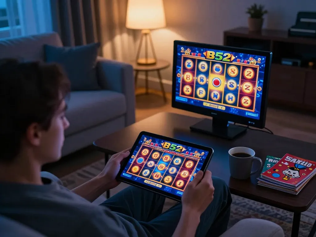 B52 player enjoying slot games on tablet in cozy home setting with warm lighting