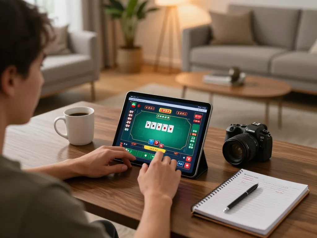 Engaging in game bài đổi thưởng strategy at home with poker game on tablet.