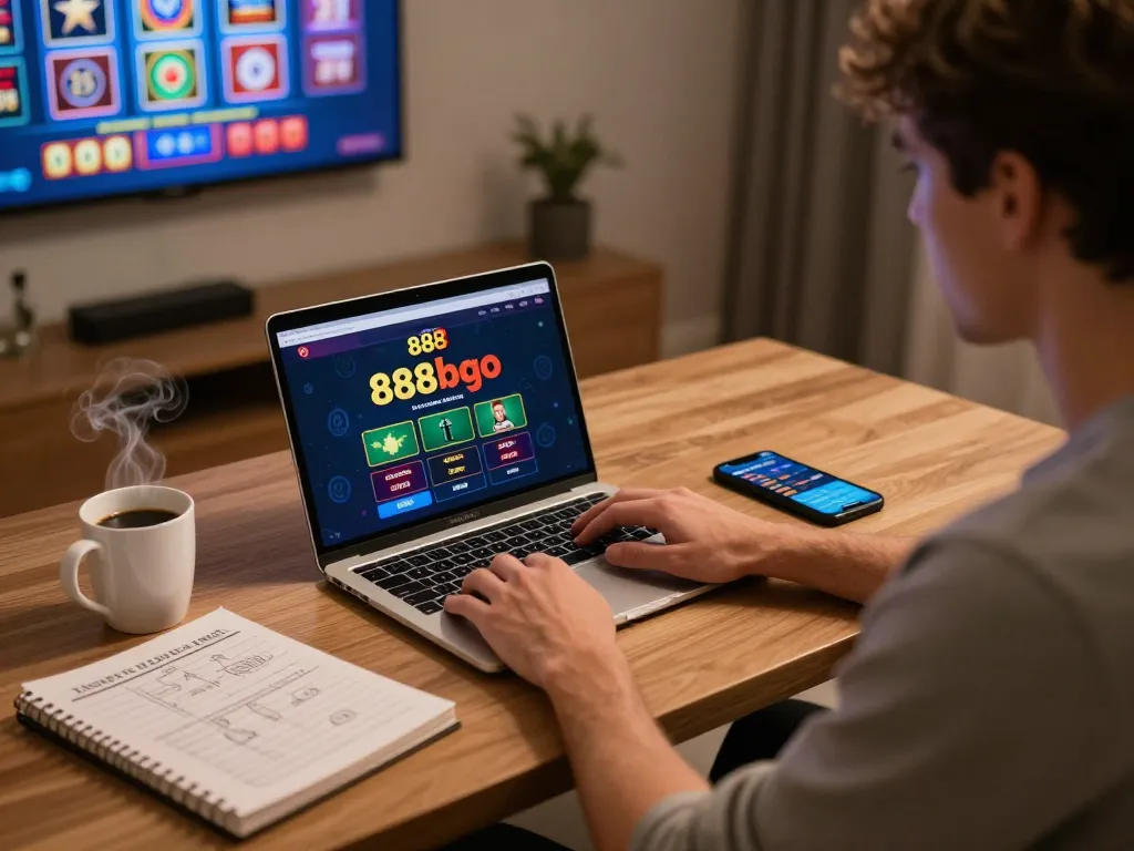 Engaging with the 888bgo casino app on a laptop at home, highlighting online gambling strategies.
