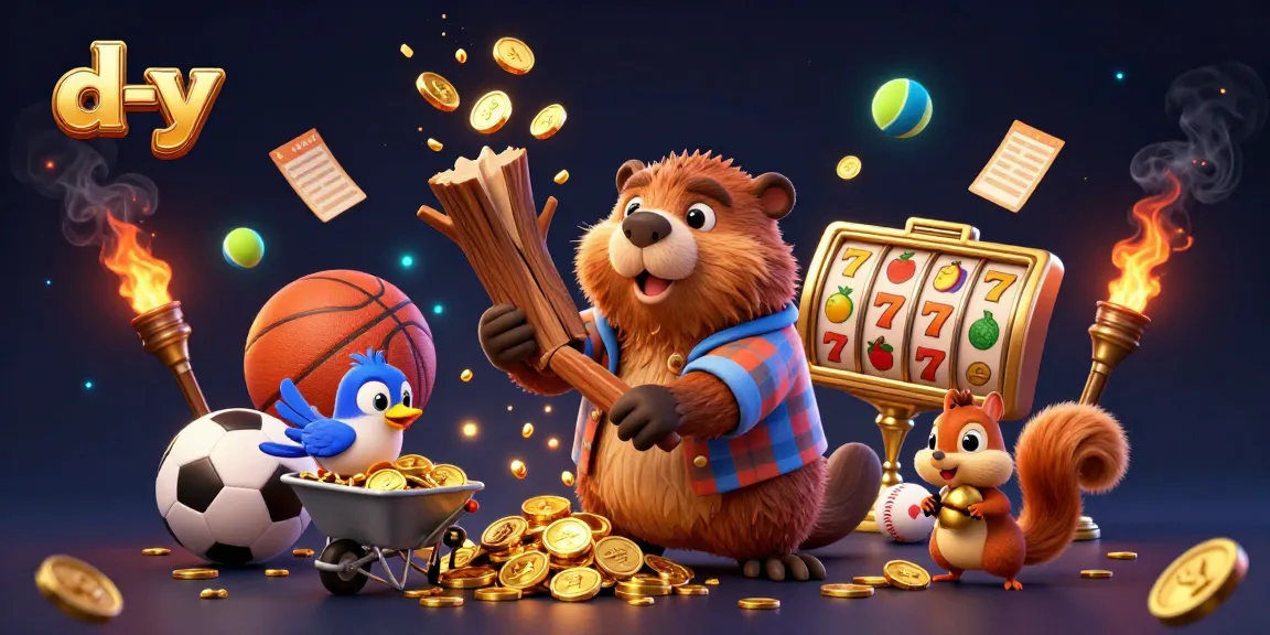Engage in thrilling gameplay with d-y, featuring a beaver collecting golden coins in a vibrant casino scene.